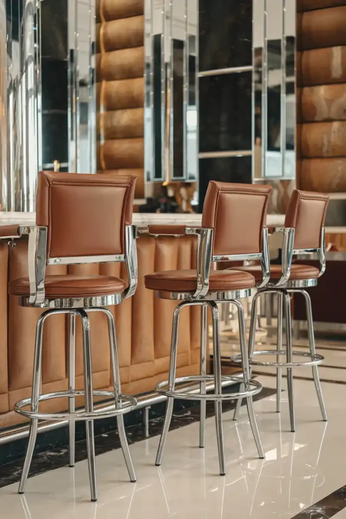 Bar Height Swivel Stools: An upscale bar area with tall swivel back stools positioned around a high island, highlighting luxurious materials like leather and chrome.