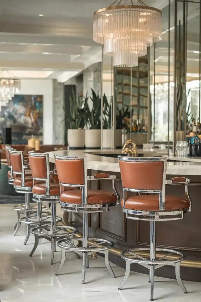 Bar Height Swivel Stools: An upscale bar area with tall swivel back stools positioned around a high island, highlighting luxurious materials like leather and chrome.