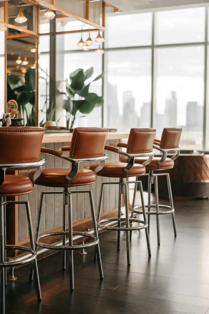 Bar Height Swivel Stools: An upscale bar area with tall swivel back stools positioned around a high island, highlighting luxurious materials like leather and chrome.