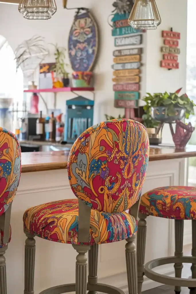 Colorful Upholstered Bar Stool: Generate an image of a vibrant, upholstered 36-inch bar stool with a bold pattern, surrounded by colorful decor in a lively home bar area.