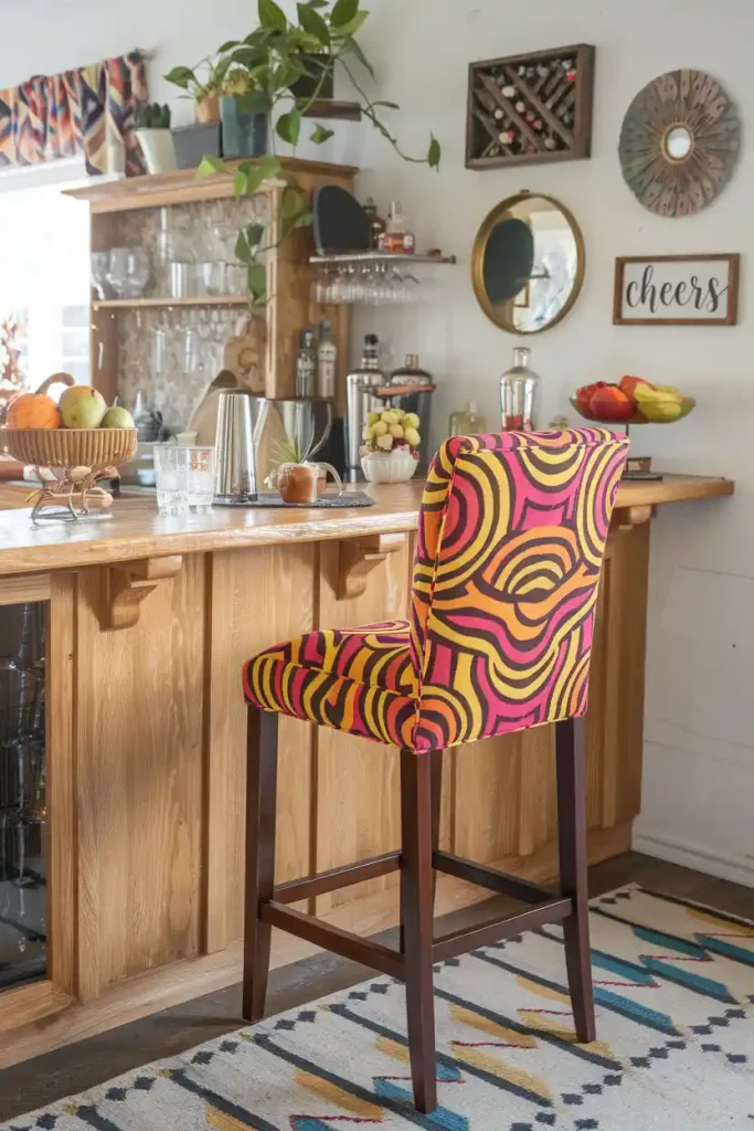 Colorful Upholstered Bar Stool: Generate an image of a vibrant, upholstered 36-inch bar stool with a bold pattern, surrounded by colorful decor in a lively home bar area.