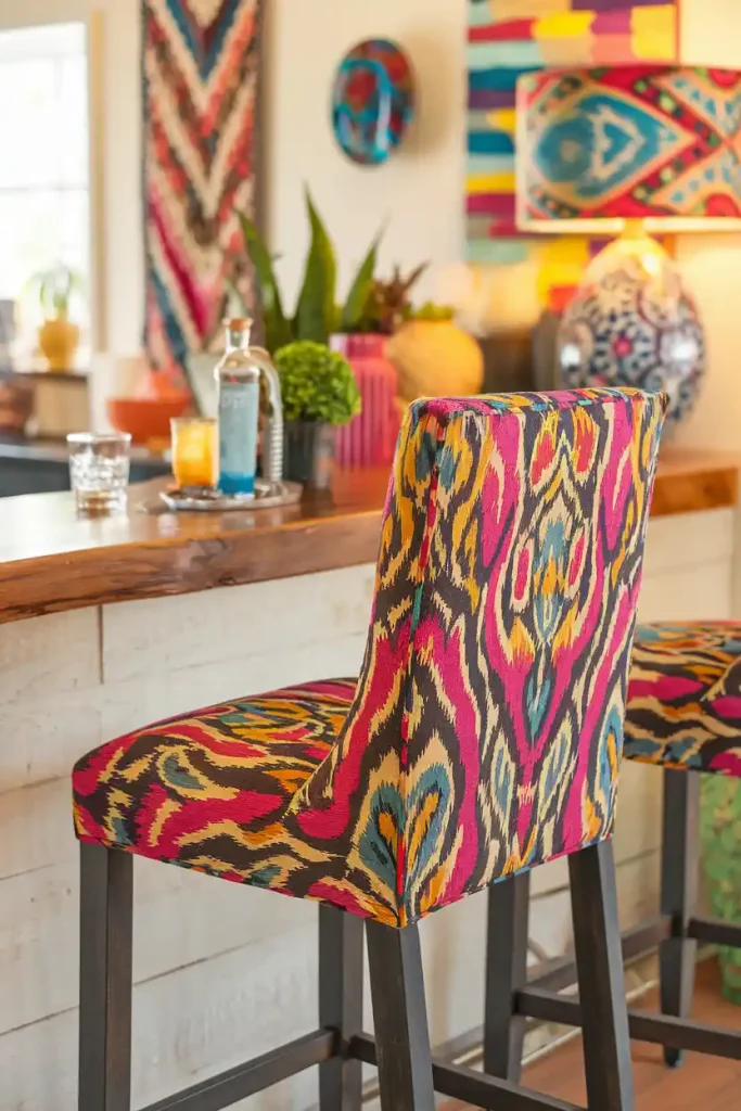 Colorful Upholstered Bar Stool: Generate an image of a vibrant, upholstered 36-inch bar stool with a bold pattern, surrounded by colorful decor in a lively home bar area.