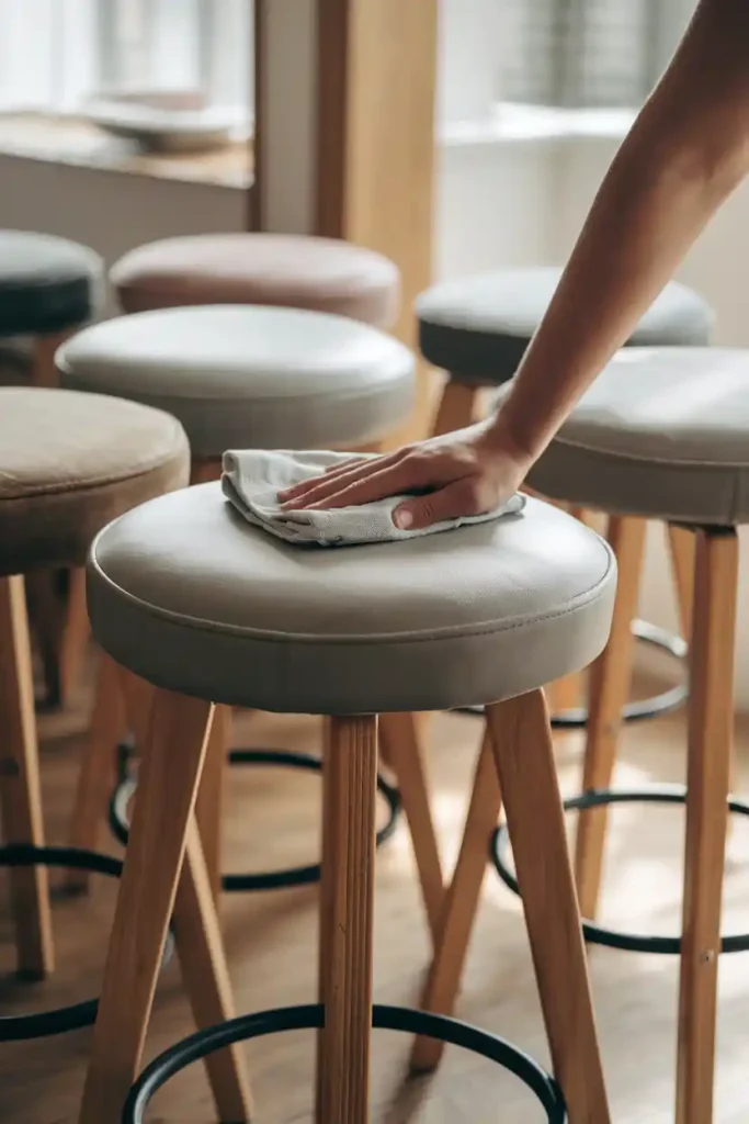 a close-up of someone gently cleaning an upholstered bar stool with a soft cloth, while keeping another stool out of direct sunlight to prevent fading, emphasizing long-term care.