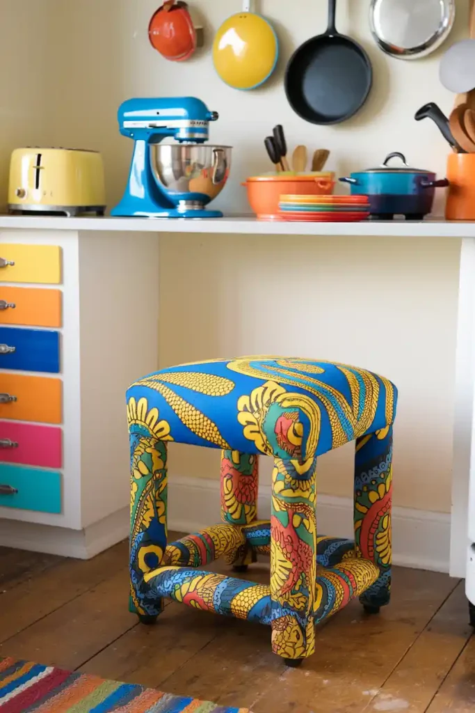 Colorful Upholstered Stool: Illustrate a vibrant, upholstered kitchen stool with bold patterns, surrounded by colorful kitchen accessories and decor.