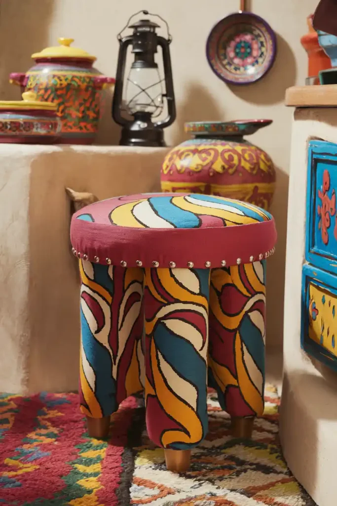 Colorful Upholstered Stool: Illustrate a vibrant, upholstered kitchen stool with bold patterns, surrounded by colorful kitchen accessories and decor.