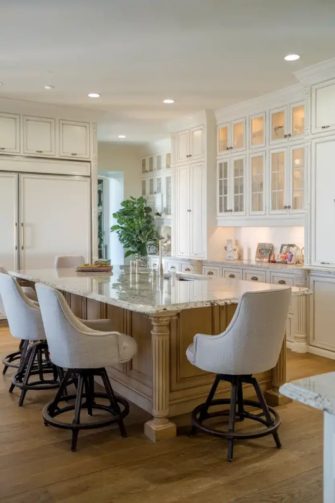 An elegant kitchen space showcasing a granite-topped island paired with upholstered swivel stools in a neutral fabric.