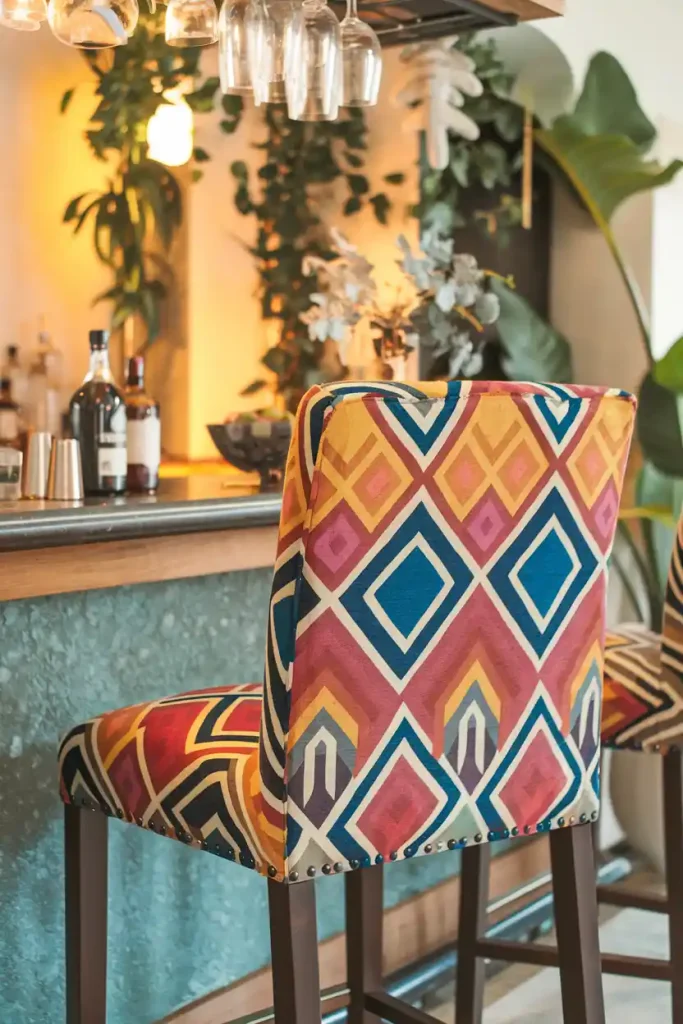 Colorful Upholstered Bar Stool: Design a vibrant bar stool with colorful fabric upholstery, showcasing geometric patterns, situated at a bright and cheerful home bar with colorful decor and plants.