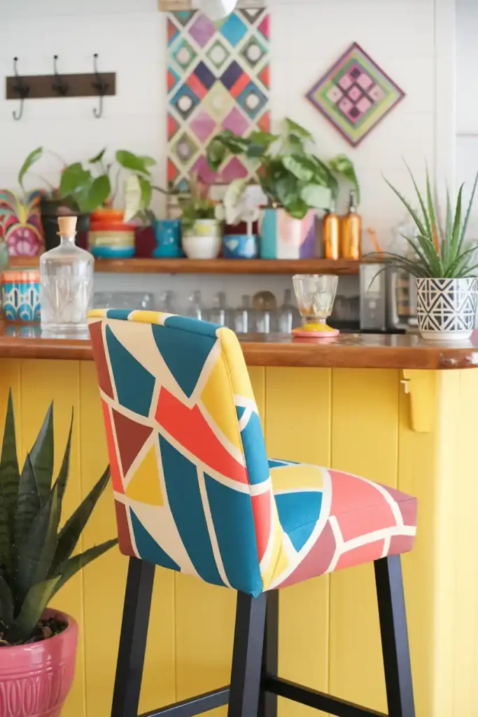 Colorful Upholstered Bar Stool: Design a vibrant bar stool with colorful fabric upholstery, showcasing geometric patterns, situated at a bright and cheerful home bar with colorful decor and plants.