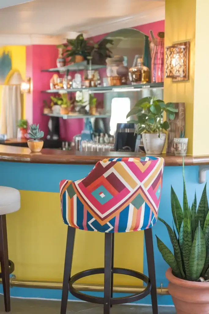 Colorful Upholstered Bar Stool: Design a vibrant bar stool with colorful fabric upholstery, showcasing geometric patterns, situated at a bright and cheerful home bar with colorful decor and plants.