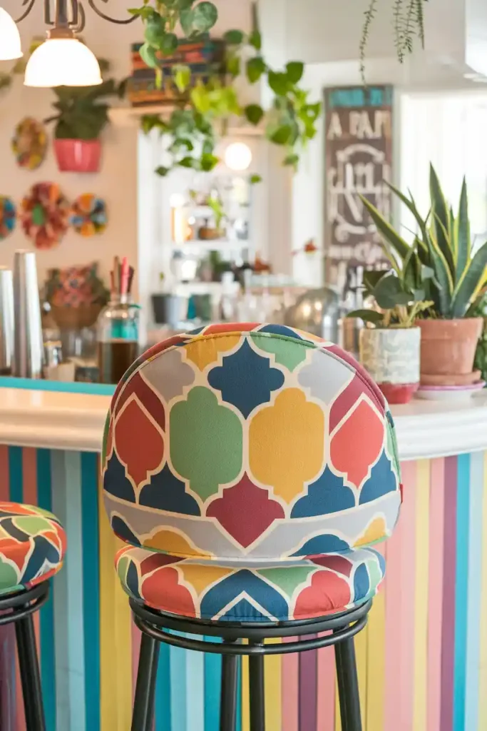 Colorful Upholstered Bar Stool: Design a vibrant bar stool with colorful fabric upholstery, showcasing geometric patterns, situated at a bright and cheerful home bar with colorful decor and plants.