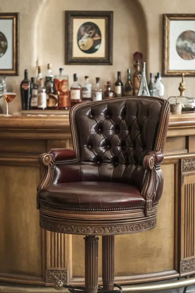 Vintage Leather Bar Stool: Illustrate a vintage leather bar stool with deep brown upholstery, featuring ornate wooden legs, placed in an elegant home bar decorated with vintage liquor bottles and framed artwork.