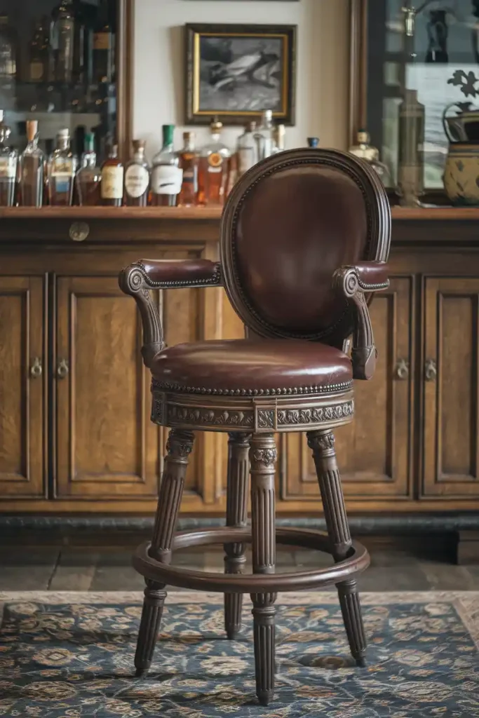 Vintage Leather Bar Stool: Illustrate a vintage leather bar stool with deep brown upholstery, featuring ornate wooden legs, placed in an elegant home bar decorated with vintage liquor bottles and framed artwork.