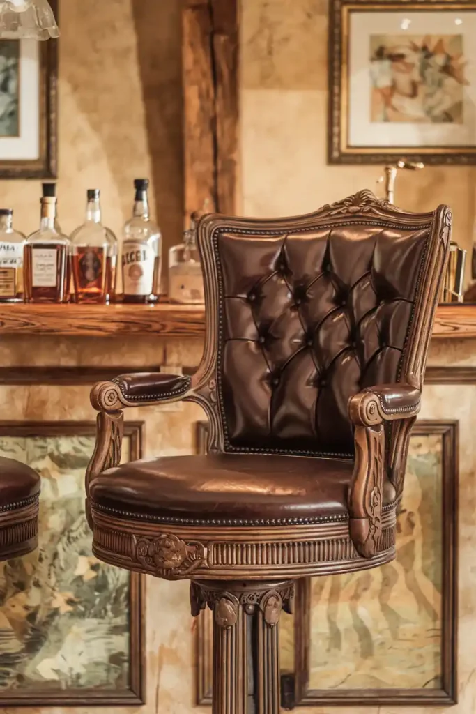 Vintage Leather Bar Stool: Illustrate a vintage leather bar stool with deep brown upholstery, featuring ornate wooden legs, placed in an elegant home bar decorated with vintage liquor bottles and framed artwork.