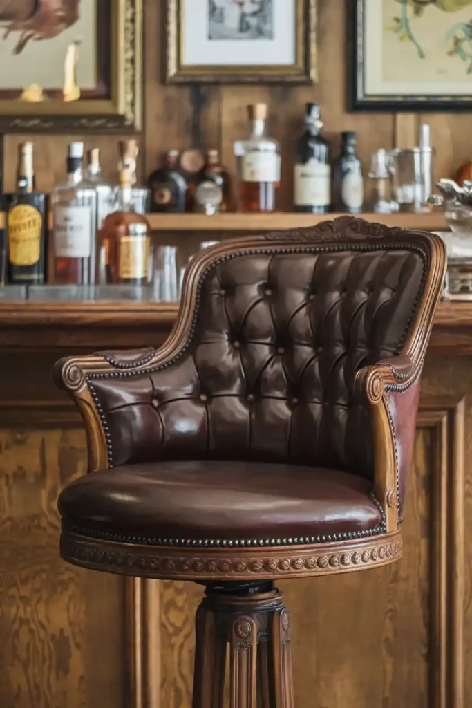 Vintage Leather Bar Stool: Illustrate a vintage leather bar stool with deep brown upholstery, featuring ornate wooden legs, placed in an elegant home bar decorated with vintage liquor bottles and framed artwork.