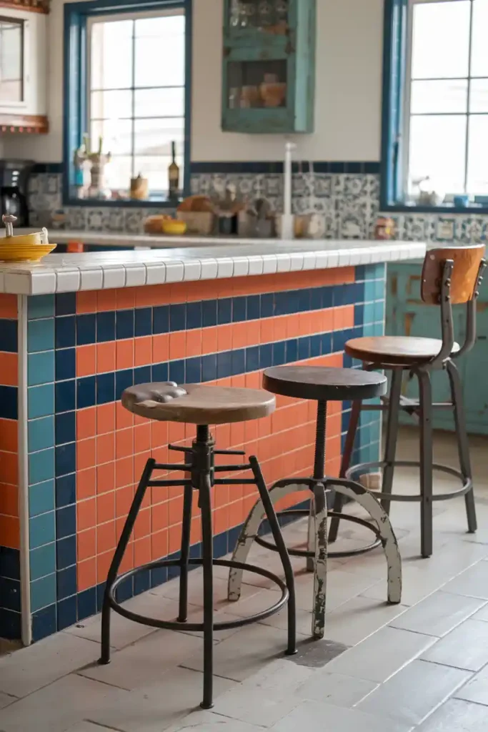 A eclectic kitchen space with a colorful tiled island complemented by mismatched vintage-style stools in various materials and colors