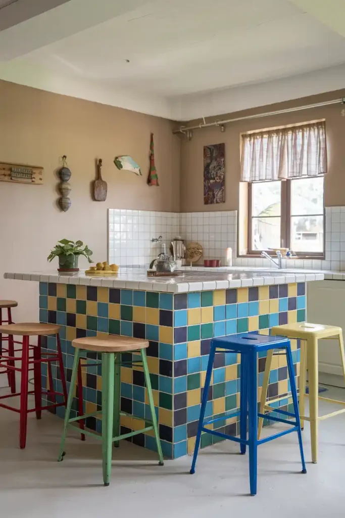 A eclectic kitchen space with a colorful tiled island complemented by mismatched vintage-style stools in various materials and colors
