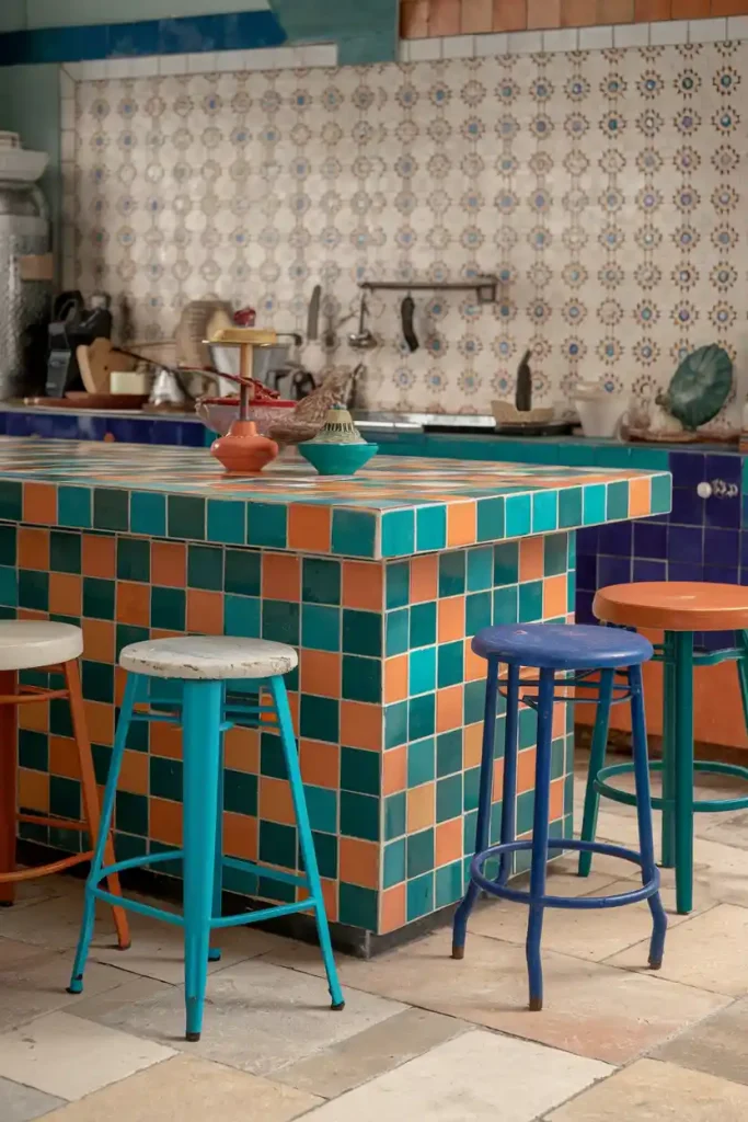 A eclectic kitchen space with a colorful tiled island complemented by mismatched vintage-style stools in various materials and colors