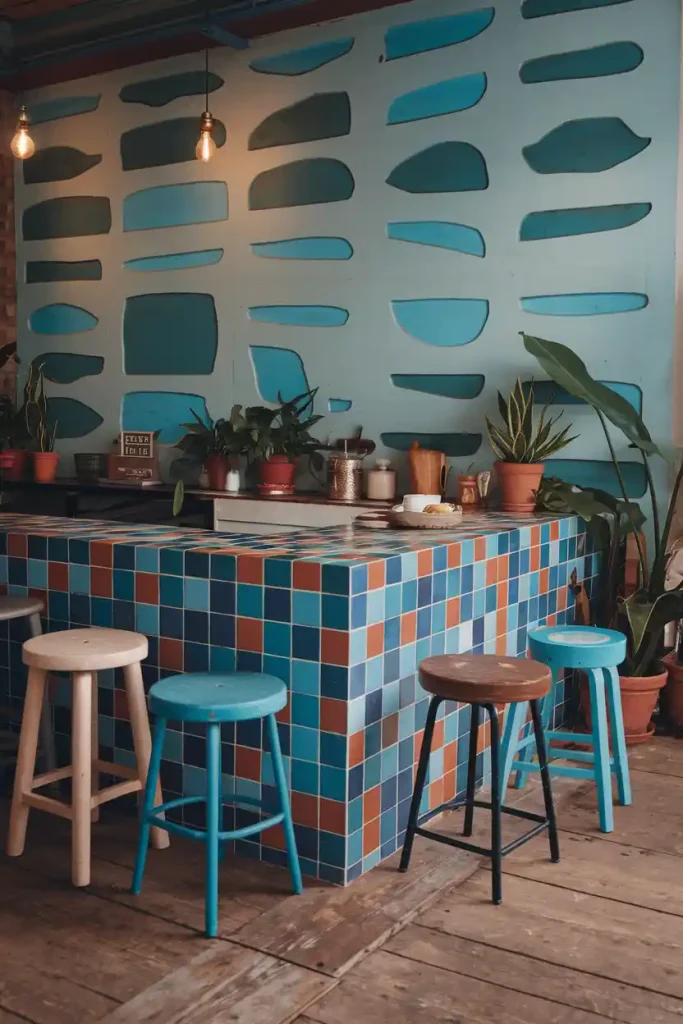 A eclectic kitchen space with a colorful tiled island complemented by mismatched vintage-style stools in various materials and colors