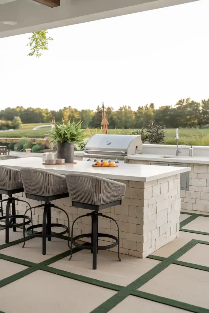 Outdoor Kitchen with Swivel Stools: An outdoor kitchen setup featuring weather-resistant swivel back stools around a stylish island, surrounded by greenery and outdoor decor.