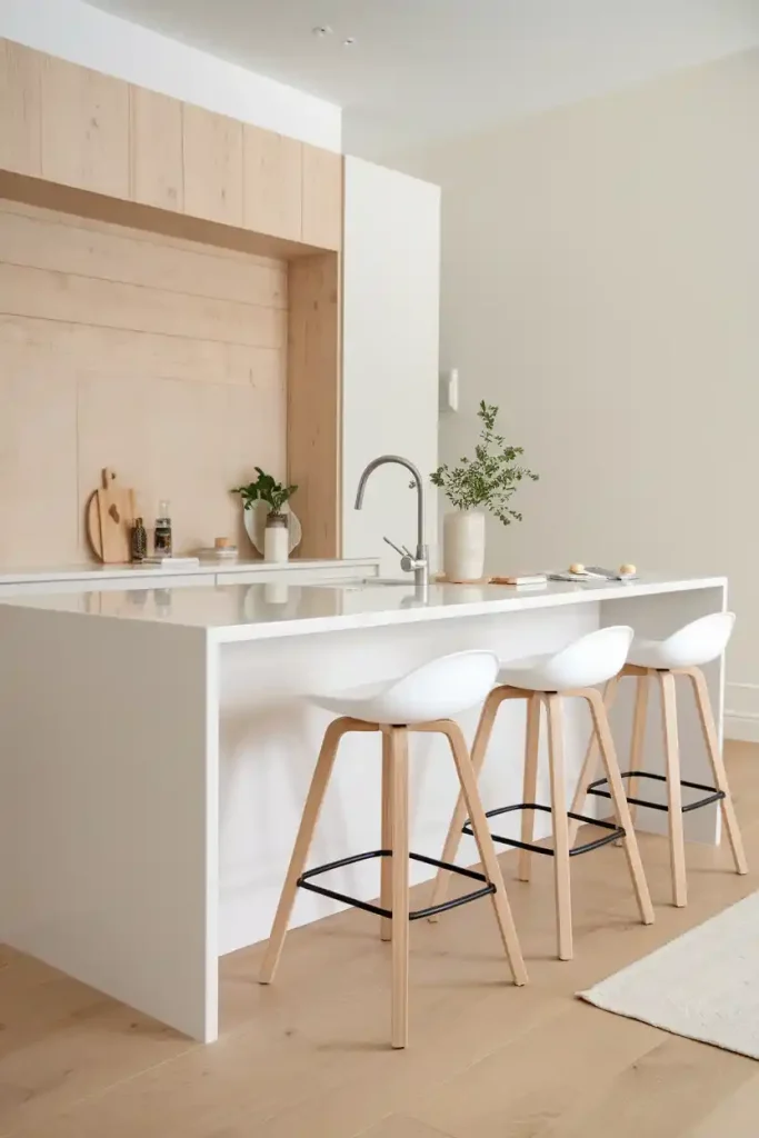 white bar stools with natural wood legs