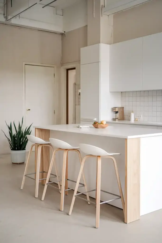 white bar stools with natural wood legs