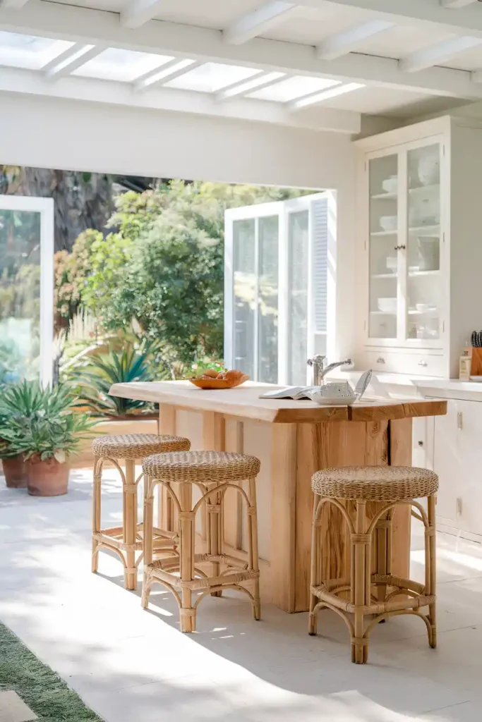 Outdoor-Inspired Space: Illustrate a bright and airy kitchen that opens to an outdoor area, showcasing a natural wood island and woven rattan stools, surrounded by greenery and sunlight.