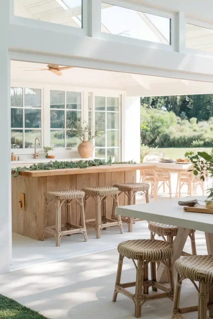 Outdoor-Inspired Space: Illustrate a bright and airy kitchen that opens to an outdoor area, showcasing a natural wood island and woven rattan stools, surrounded by greenery and sunlight.