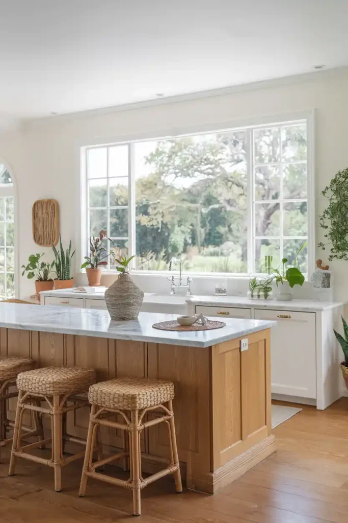 Outdoor-Inspired Space: Illustrate a bright and airy kitchen that opens to an outdoor area, showcasing a natural wood island and woven rattan stools, surrounded by greenery and sunlight.