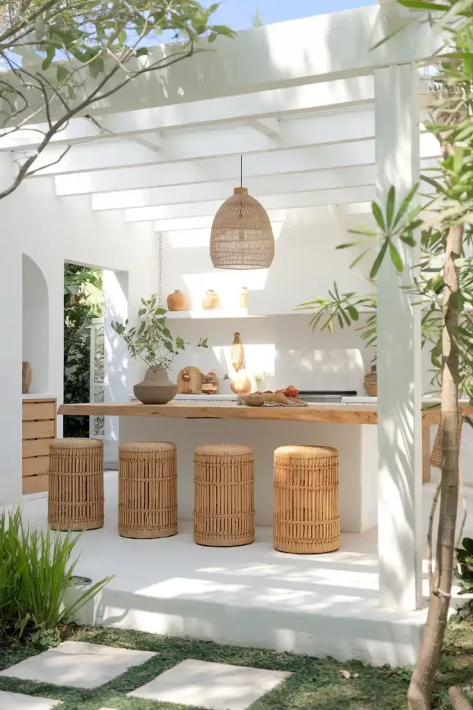 Outdoor-Inspired Space: Illustrate a bright and airy kitchen that opens to an outdoor area, showcasing a natural wood island and woven rattan stools, surrounded by greenery and sunlight.