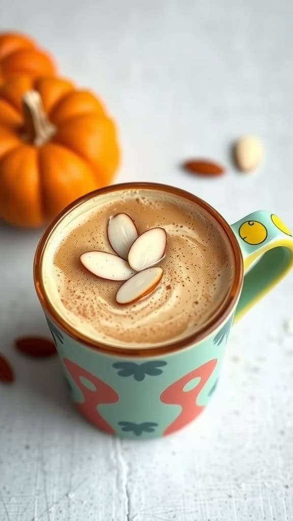 A beautifully crafted Almond Butter Pumpkin Spice Latte in a colorful mug, topped with almond slices and surrounded by pumpkins.