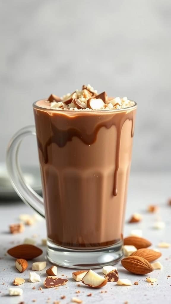 A cup of Almond Joy Cocoa topped with chocolate and almond pieces.