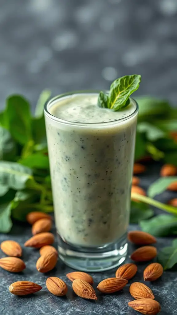 A green smoothie made with almond milk and spinach, surrounded by almonds and spinach leaves.