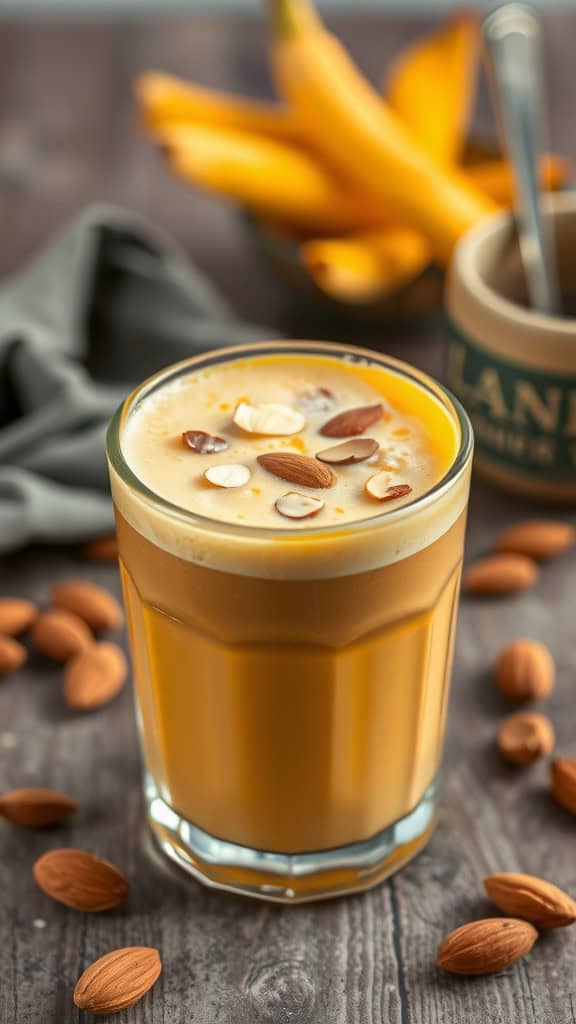 A creamy almond turmeric latte in a glass, topped with sliced almonds, with bananas in the background.