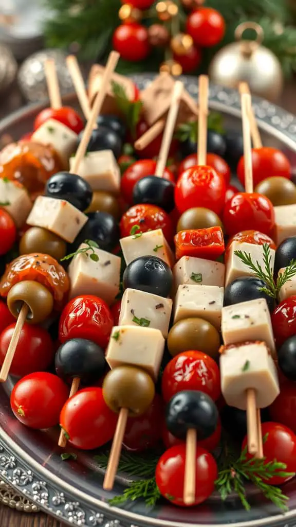 A colorful display of antipasto skewers with olives and cheese on a decorative platter.