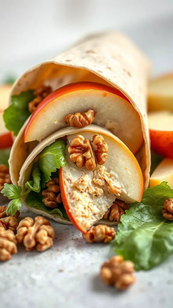 A delicious Apple and Walnut Chicken Wrap with slices of apple, walnuts, and greens wrapped in a tortilla.