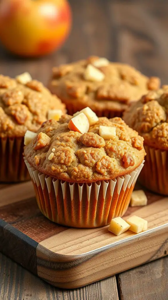 Freshly baked apple banana muffins on a wooden board with a whole apple in the background.