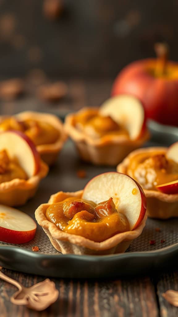 A plate of apple cider pumpkin tartlets topped with apple slices, surrounded by apple and nuts