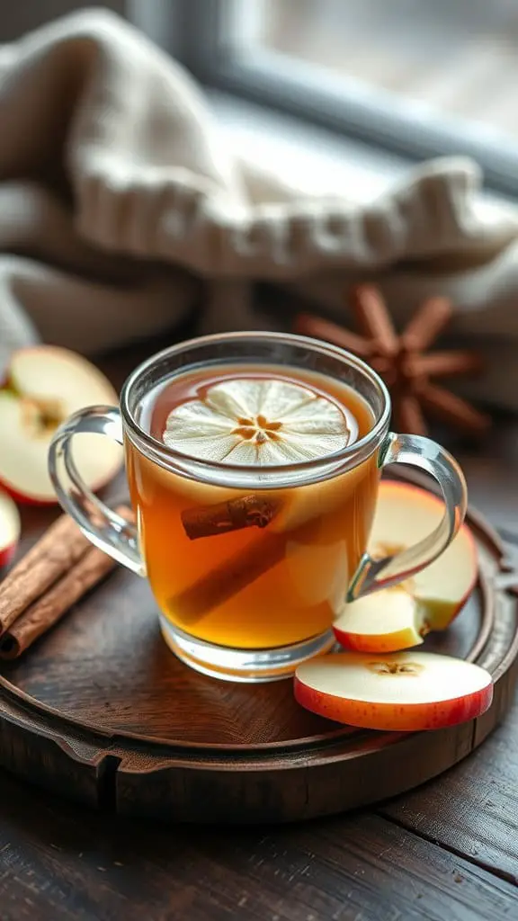 A warm cup of apple cinnamon herbal brew with apple slices and a cinnamon stick on a wooden tray