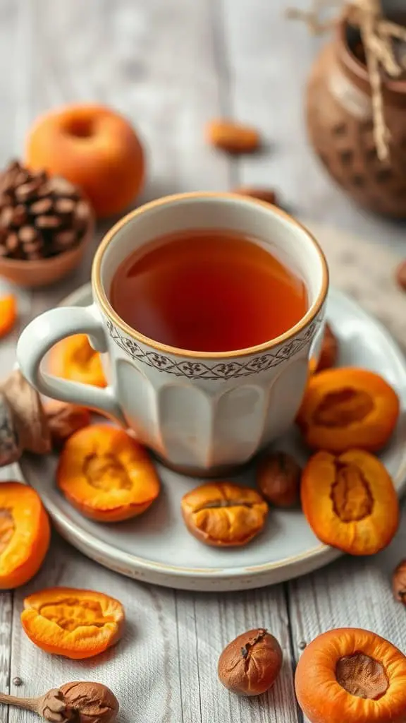 A cup of apricot rooibos tea with dried apricots and nuts on a wooden table.