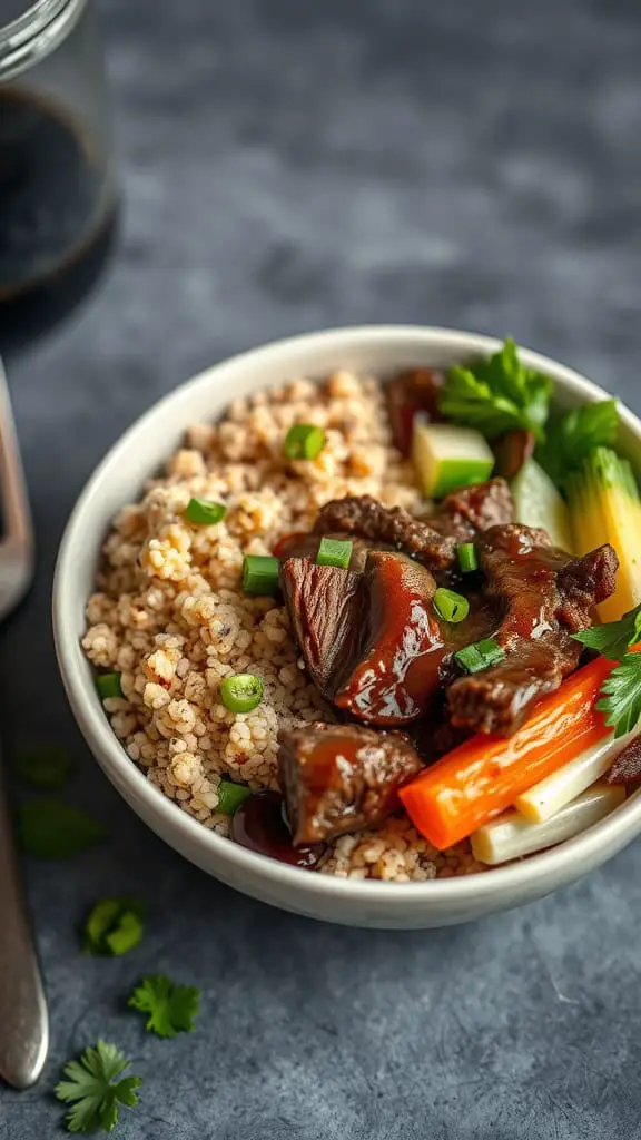 A delicious bowl of Asian-inspired beef quinoa with vegetables, showcasing bulgogi beef, quinoa, and fresh greens.