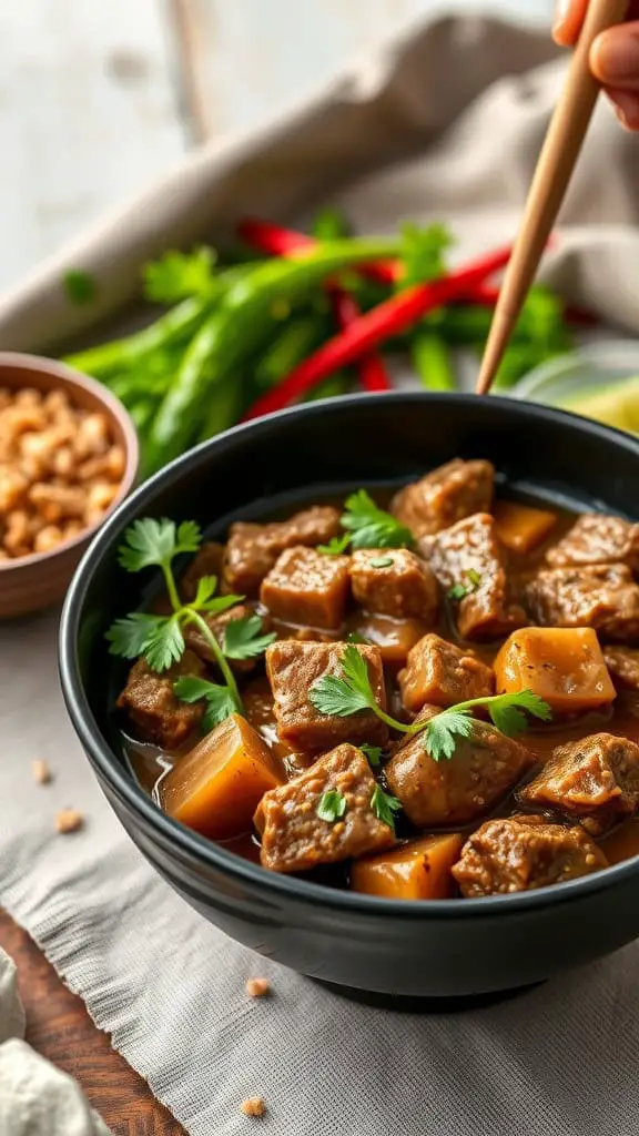 A bowl of Asian-inspired beef stroganoff with tender beef chunks and garnished with fresh cilantro.