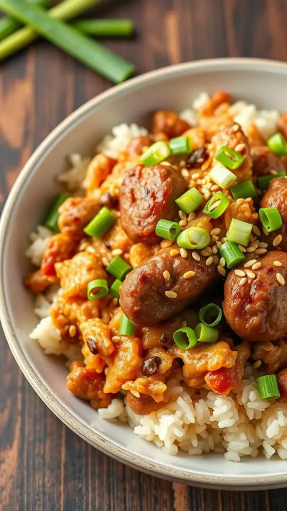 A delicious Asian-inspired burger and rice bake featuring ground beef, rice, and topped with green onions and sesame seeds.