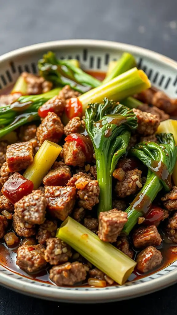 Bowl of Asian-inspired ground beef with bok choy and sauce