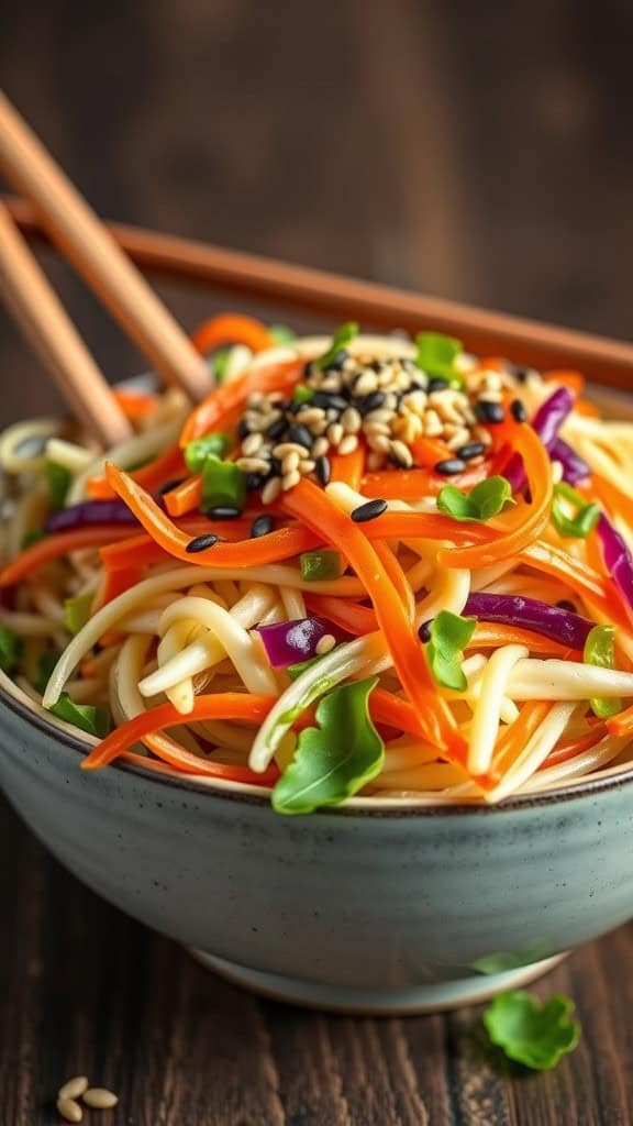 Bowl of Asian slaw with colorful vegetables and sesame dressing