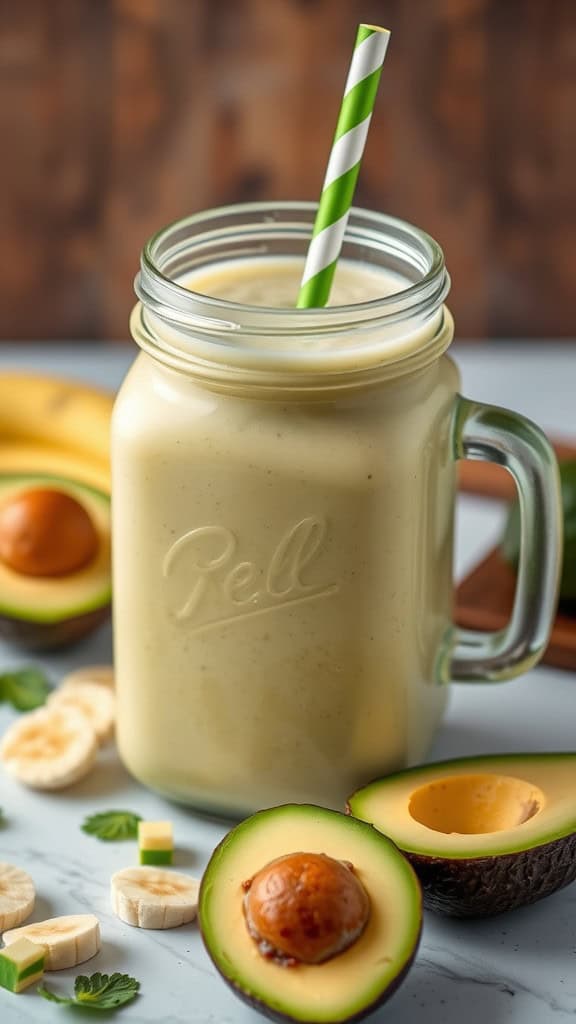 A creamy avocado banana smoothie in a jar with a green striped straw, surrounded by fresh avocado halves and banana slices.