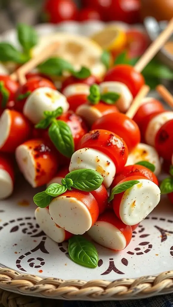 A close-up of baked Caprese salad bites on a decorative plate, featuring cherry tomatoes and mozzarella balls garnished with basil.