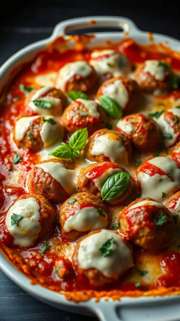 A casserole dish filled with baked meatballs in marinara sauce, topped with melted mozzarella cheese and fresh basil.