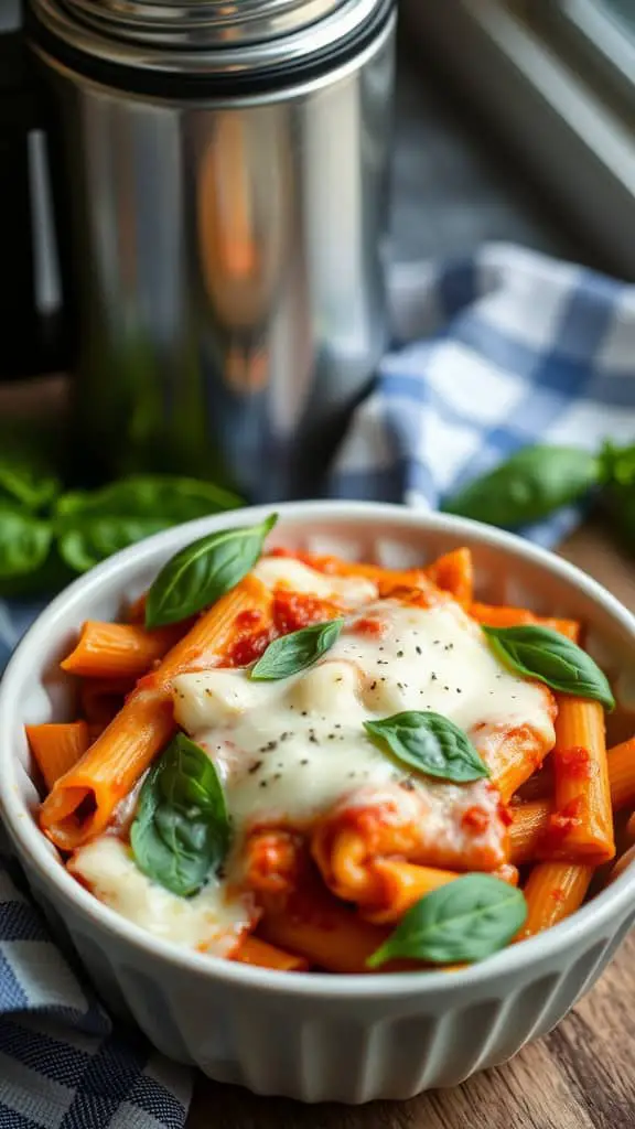 A bowl of baked ziti topped with mozzarella cheese and fresh basil, with a thermos in the background.