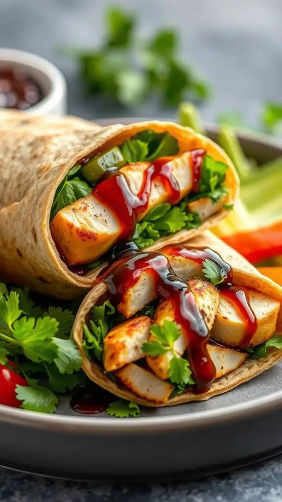 A close-up of a balsamic chicken and veggie wrap on a plate, showcasing grilled chicken, fresh greens, and a drizzle of sauce.