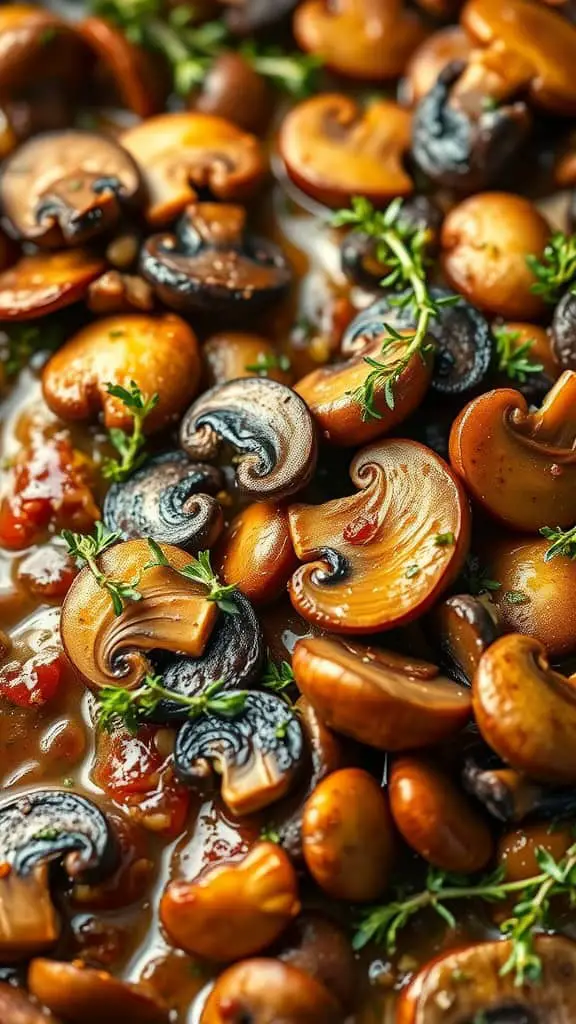 Close-up of cooked mushrooms in a balsamic sauce, ready to be added to a burger bake.